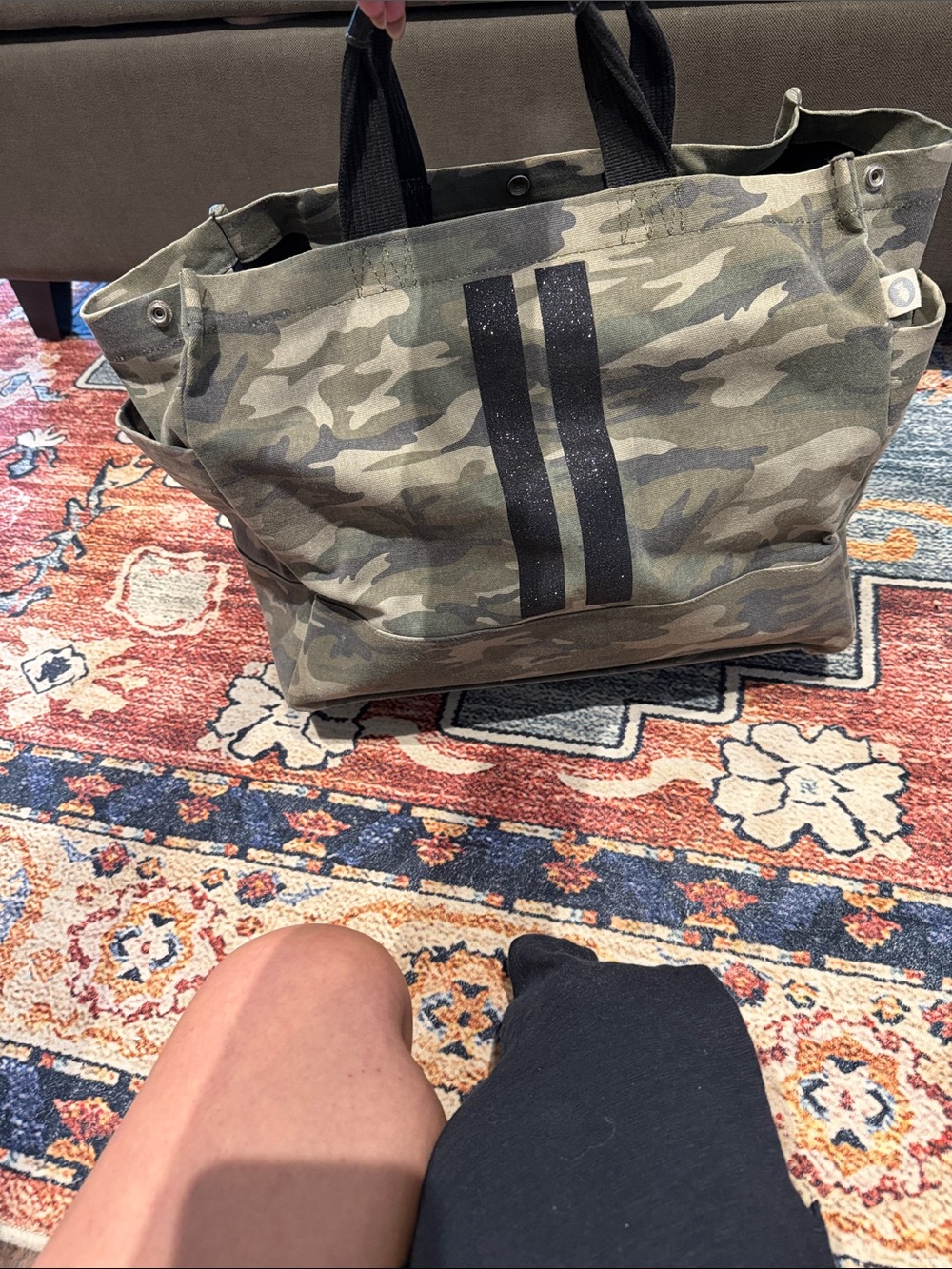 Camo Canvas Tote with Black Stripe Handles